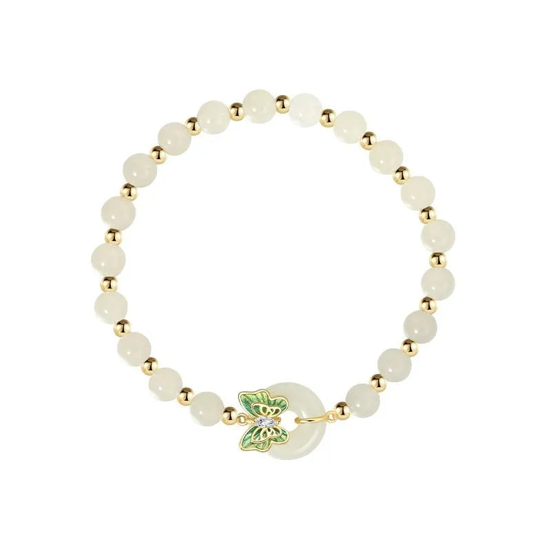 Women's Hetian jade bracelet with butterfly sterling silver inlay and cyan coloured 6mm beads