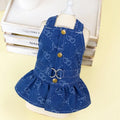 Denim princess dress for small dog showing bracket skirt style in blue denim fabric