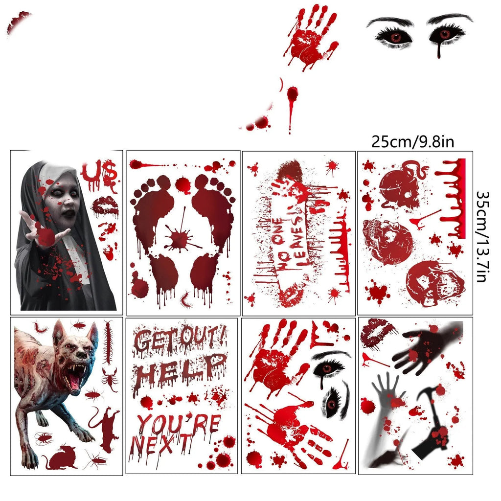 PVC horror wall sticker set with blood hands, feet, and skull motifs in New Blood Stain colour on a smooth wall