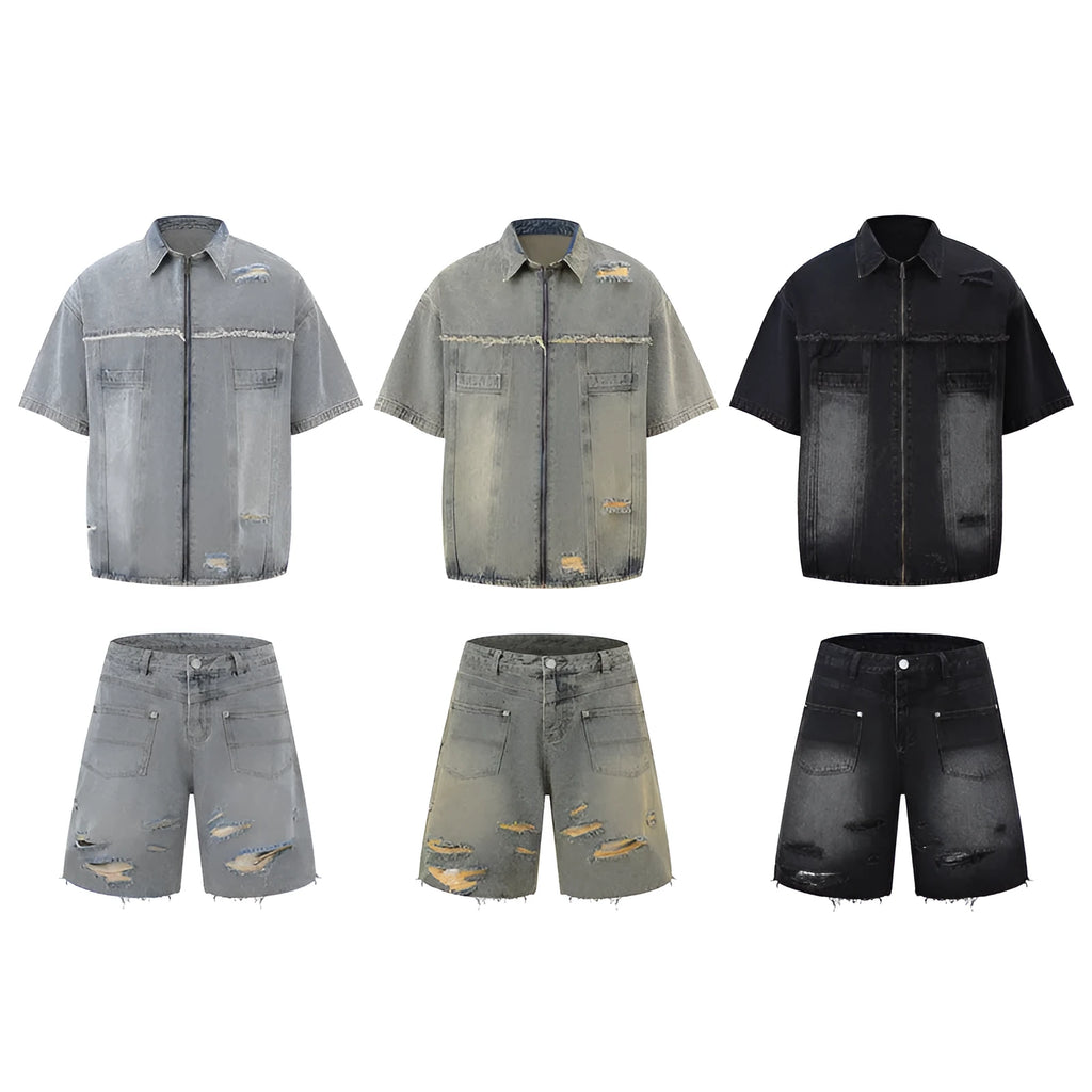 Denim overall suit matching set with short sleeve top and trousers in street fashion style