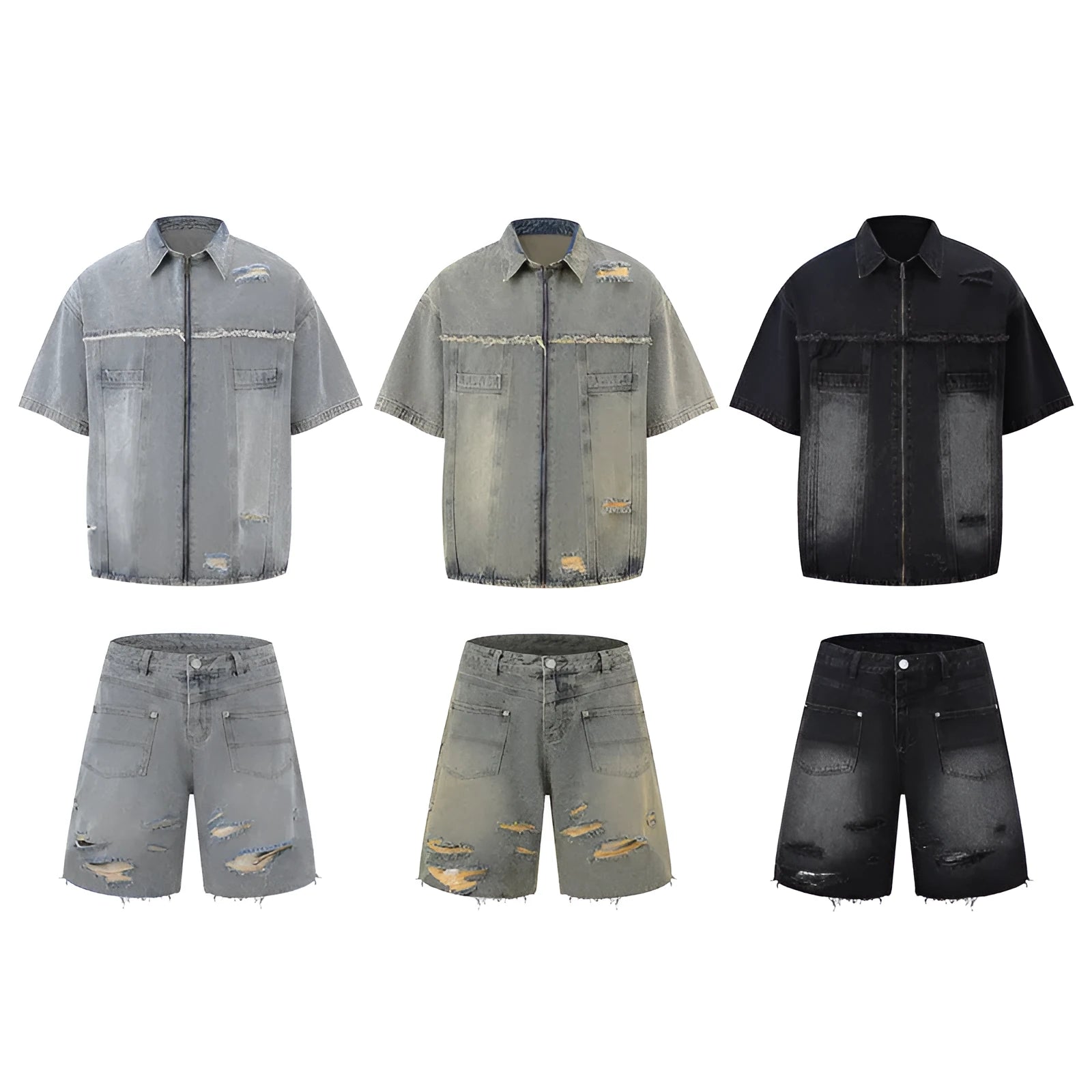 Denim overall suit matching set with short sleeve top and trousers in street fashion style