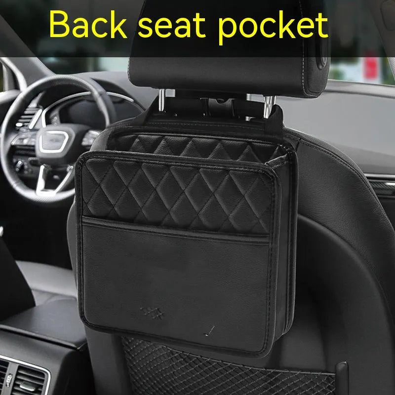 Leather car hanging storage bag in black, pink, green, or white, shown attached to a car seat.