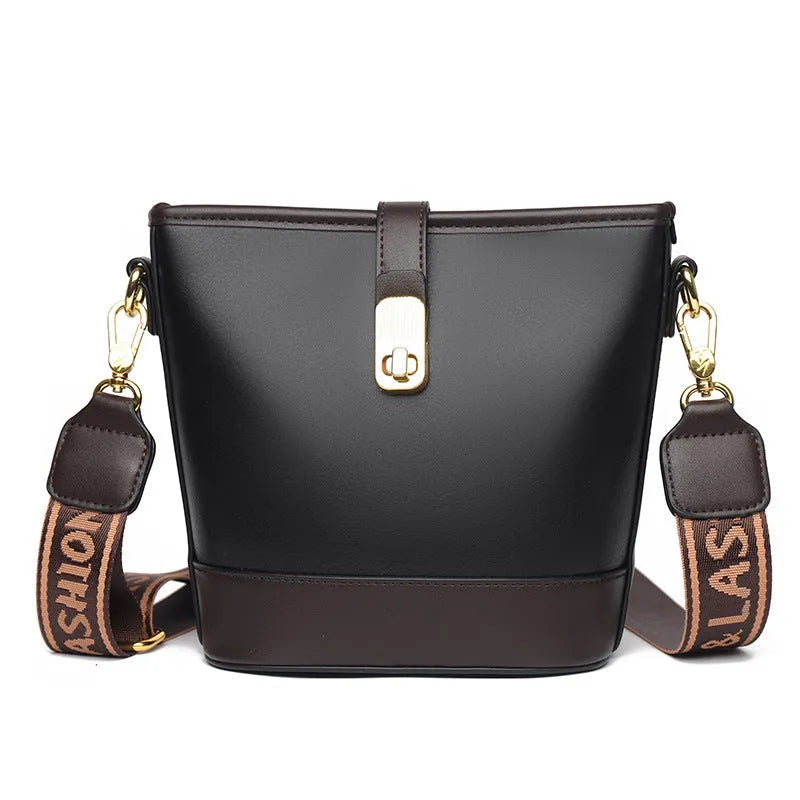 Korean style black PU bucket messenger bag with dual shoulder straps and internal organiser compartments