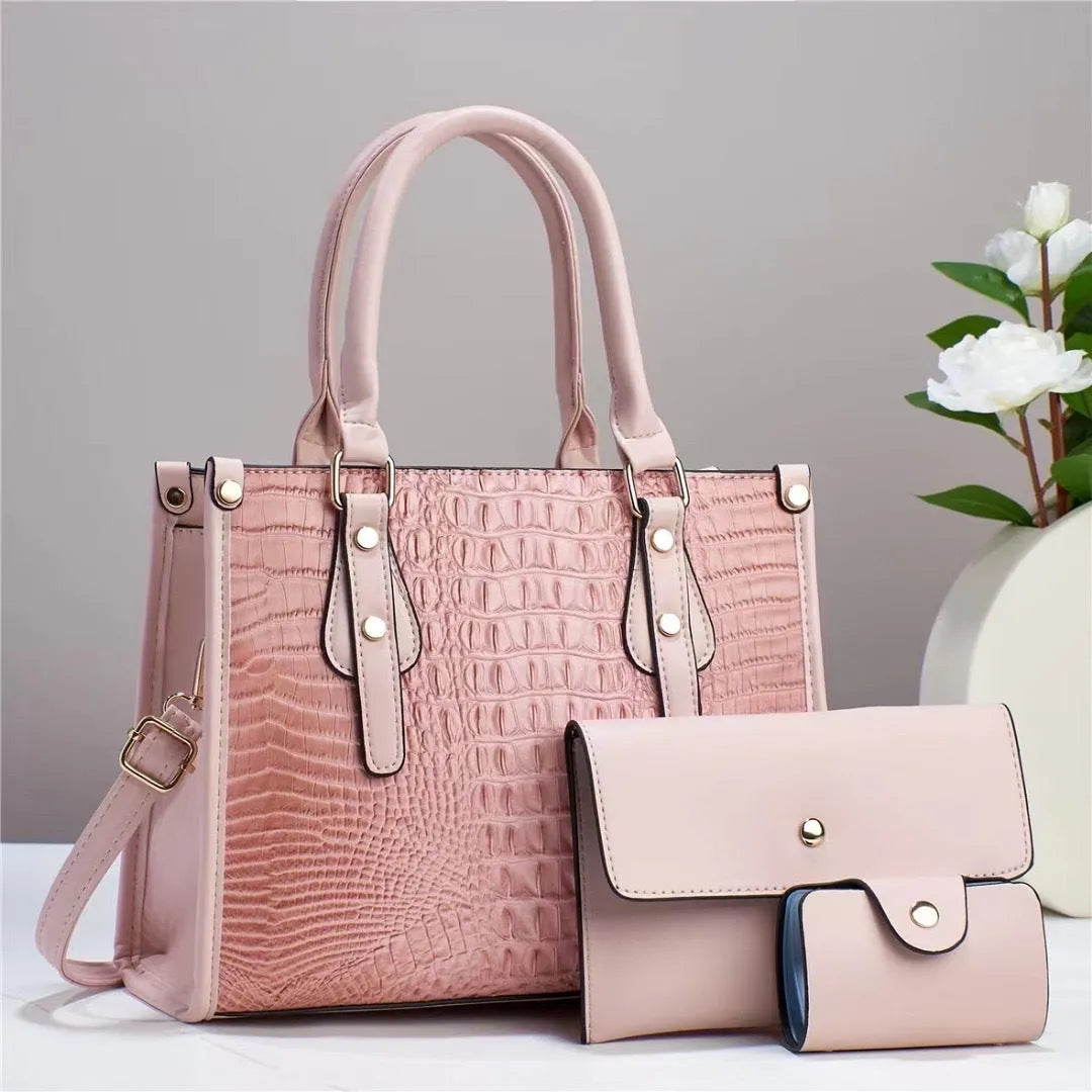 Contrast colour minimalist texture three-piece handbag set with crossbody bag, wallet and cardholder in PU leather