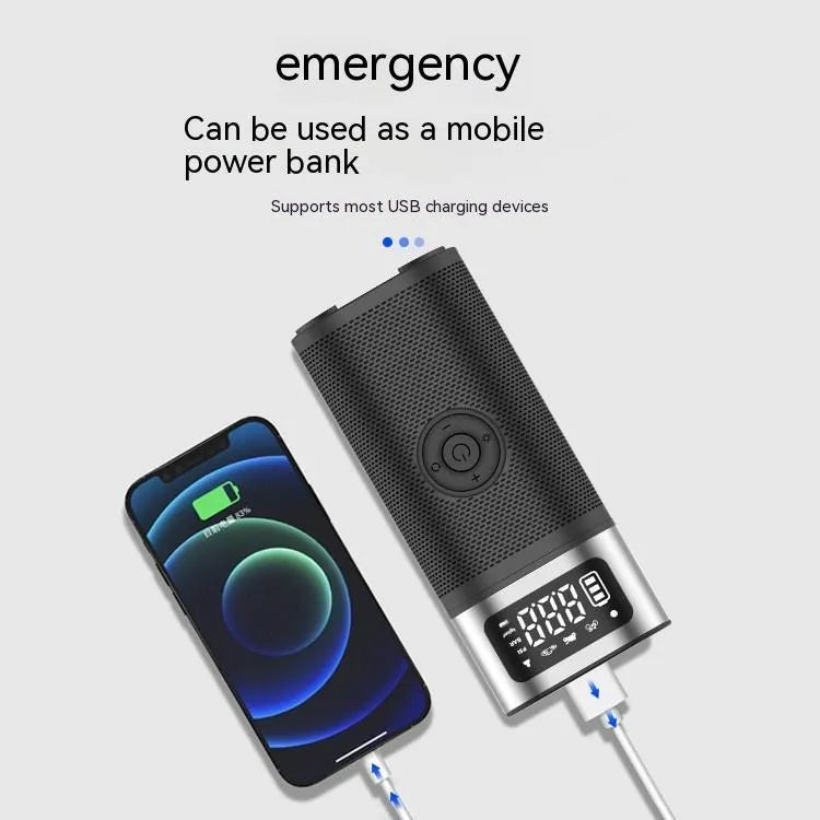 Black portable wireless air pump with USB charging cable and multiple inflation nozzles