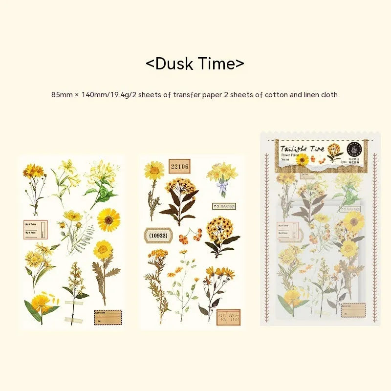Huazhisen Series forest theme art sticker pack showing transfer paper and cotton linen sheets in literary style