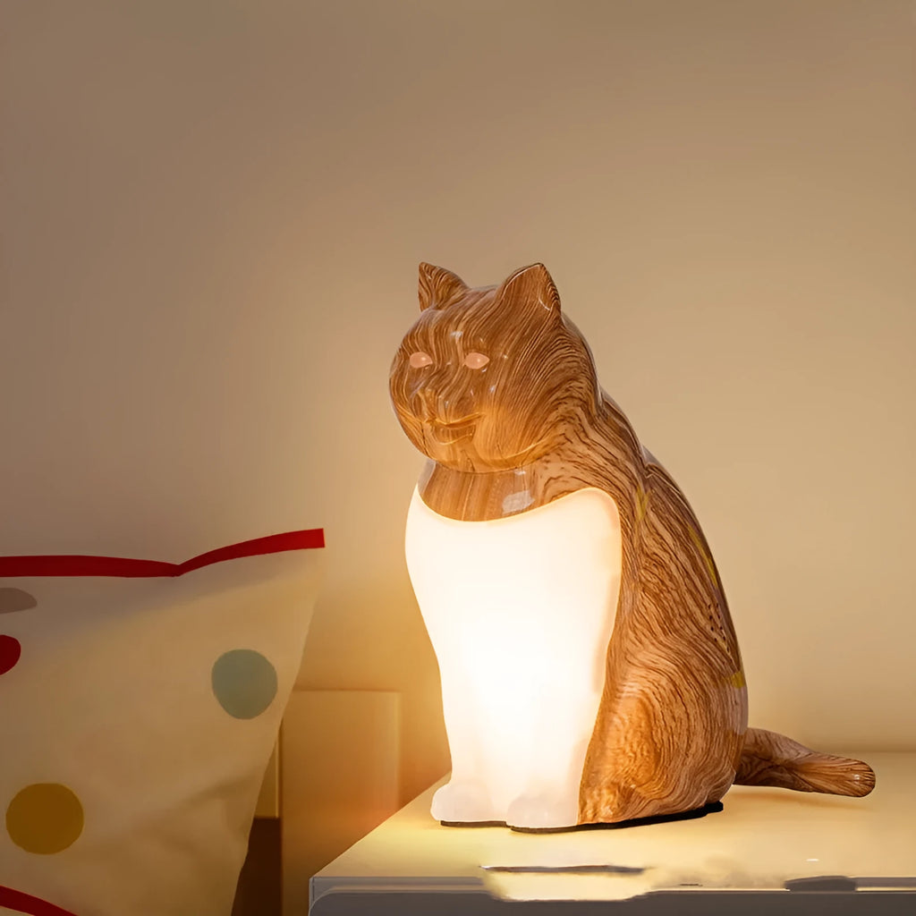 Decorative cat ornament table lamp with USB charging port in wood grain finish