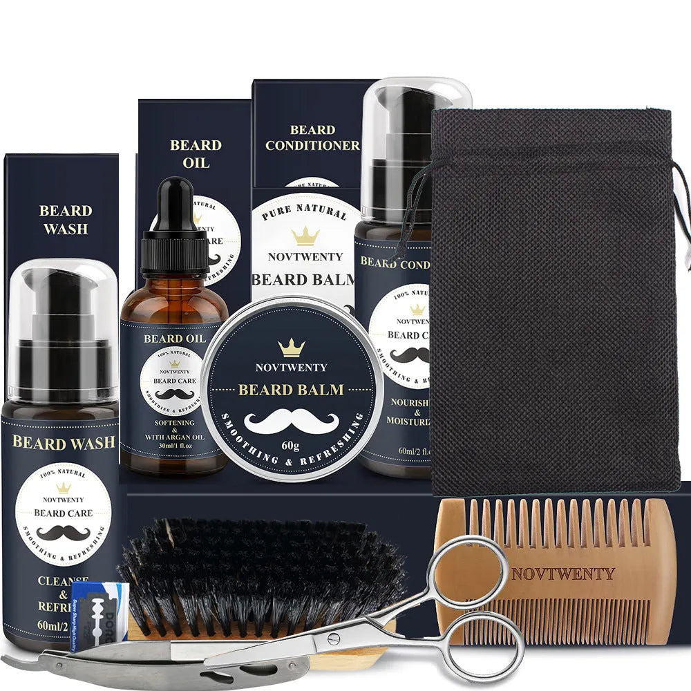 Peach wood beard care kit with comb, brush, balsam, and pogonotomy scissors in 10-15cm size