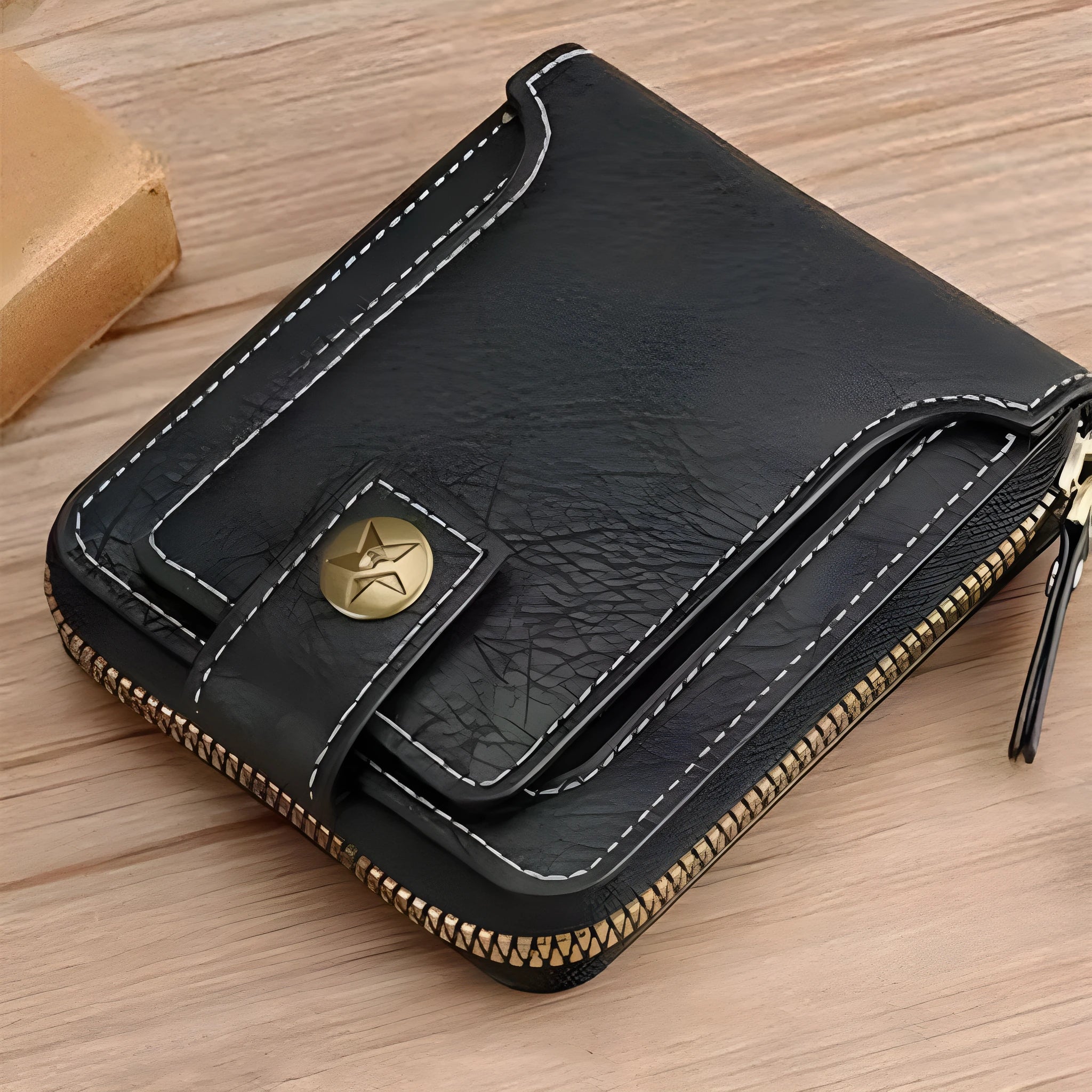 Men's two-fold PU wallet in European American style showing light brown, black and dark brown colour options