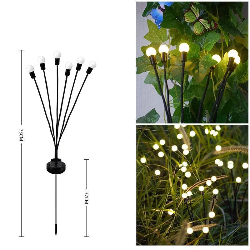 Solar-powered LED garden spike light with multiple firefly-like heads and a push-in pneumatic ground plug.