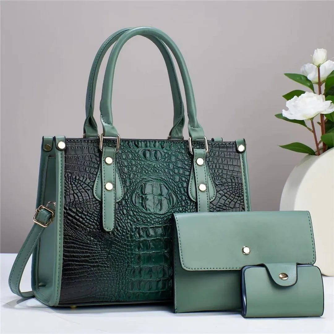 Contrast colour minimalist texture three-piece handbag set with crossbody bag, wallet and cardholder in PU leather