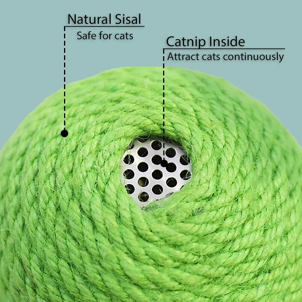 Green cactus-shaped cat activity tower with sisal scratching post and a tumbler ball catnip toy.