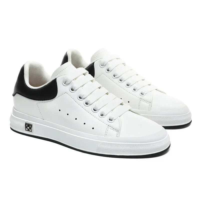 Men's white leather soft bottom casual shoes with rubber sole and round toe