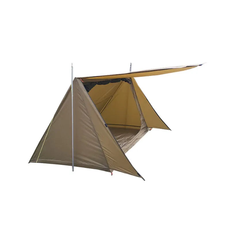 Brown shelter tent for two people with two aluminium alloy poles set up on grass