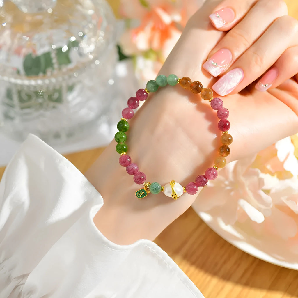 Geometric chalcedony bracelet with tourmaline accents, 6.5mm bead diameter, unisex natural crystal jewellery