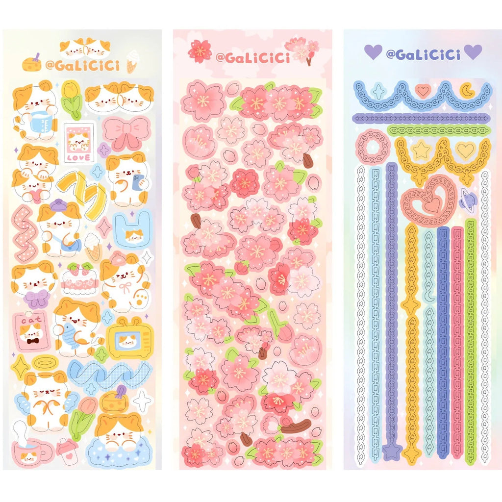 Cat cherry blossom decorative laser sticker, 03 chain sticker, 6.5 x 18cm, thin glittering five-pointed star effect