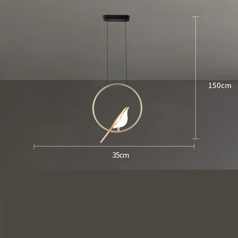 Modern silver magpie bird chandelier with long 150cm drop and clear acrylic details, hanging from a ceiling.