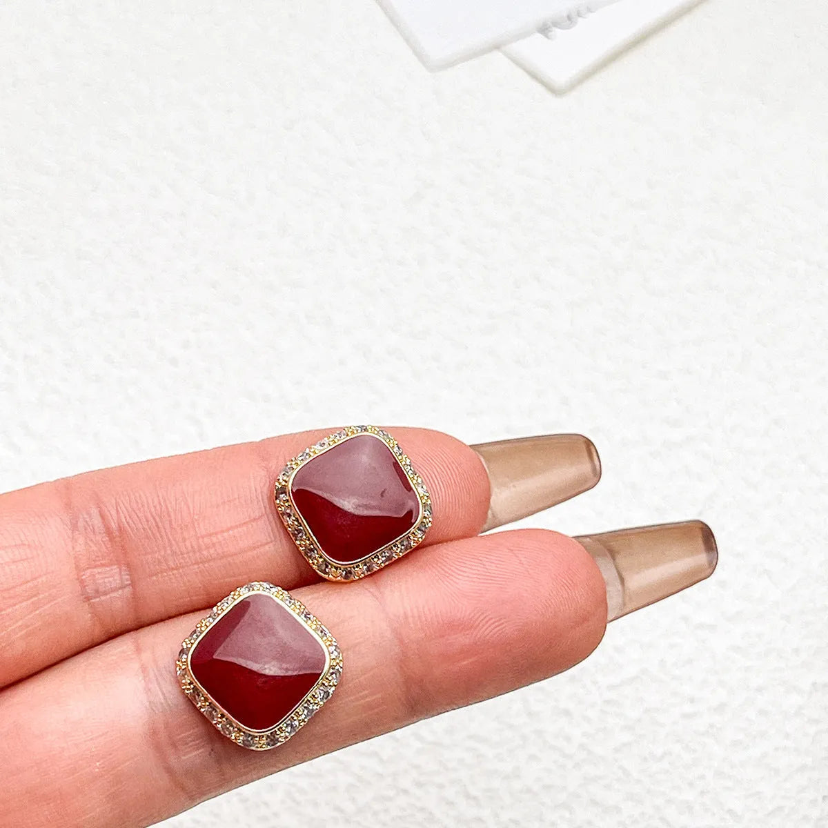 Retro red geometric square alloy earrings with inlaid detailing and seiko treatment