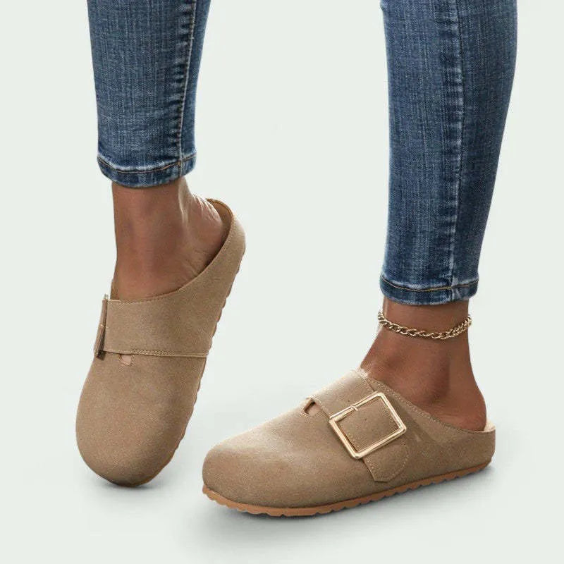 Women's closed toe canvas slippers in apricot colour showing low top design
