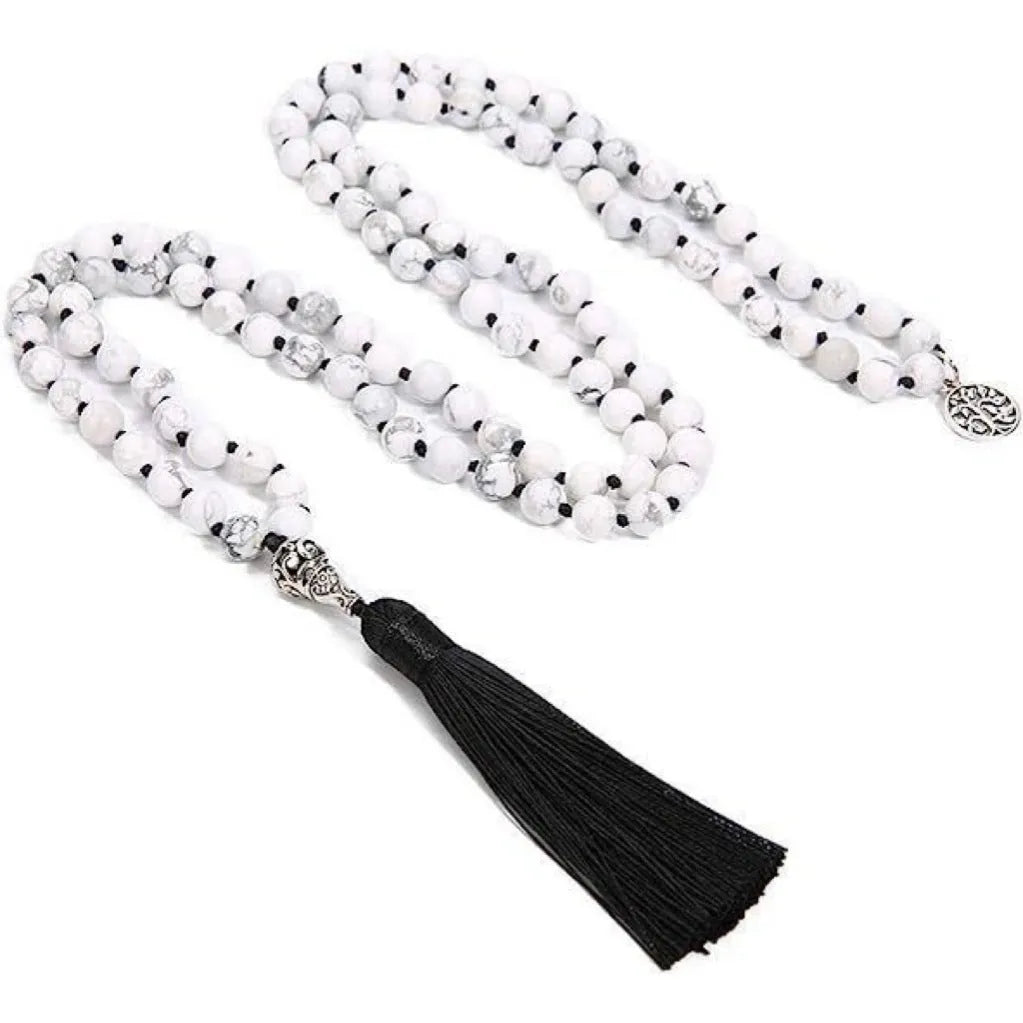 Handmade long necklace with 108 knotted 8mm natural stone beads in geometric shapes.