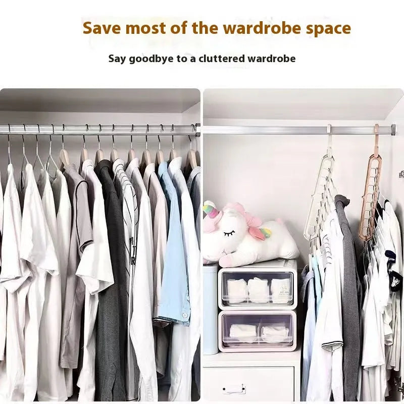 Plastic folding hanger with nine holes for trousers in beige, blue, green, grey, or pink colours.