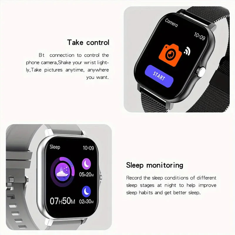 Smart watch with 1.44-inch touchscreen on a silicone strap, showing Bluetooth calling and health tracking display.
