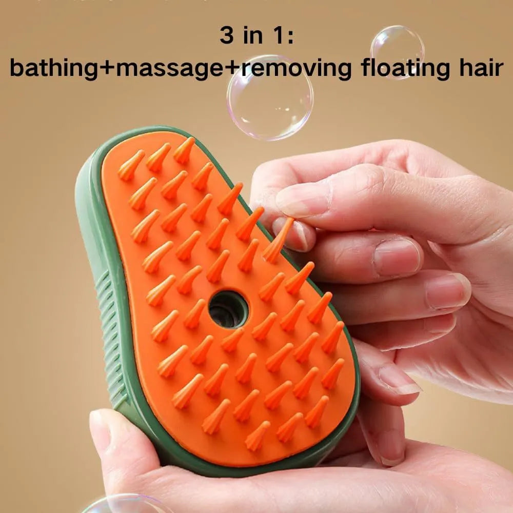 Green and white 3-in-1 cat steam brush with silicone teeth and water spray function, shown with size scale.