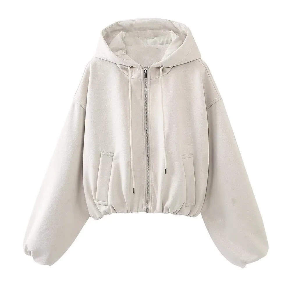 Women's white suede hooded casual jacket on a hanger