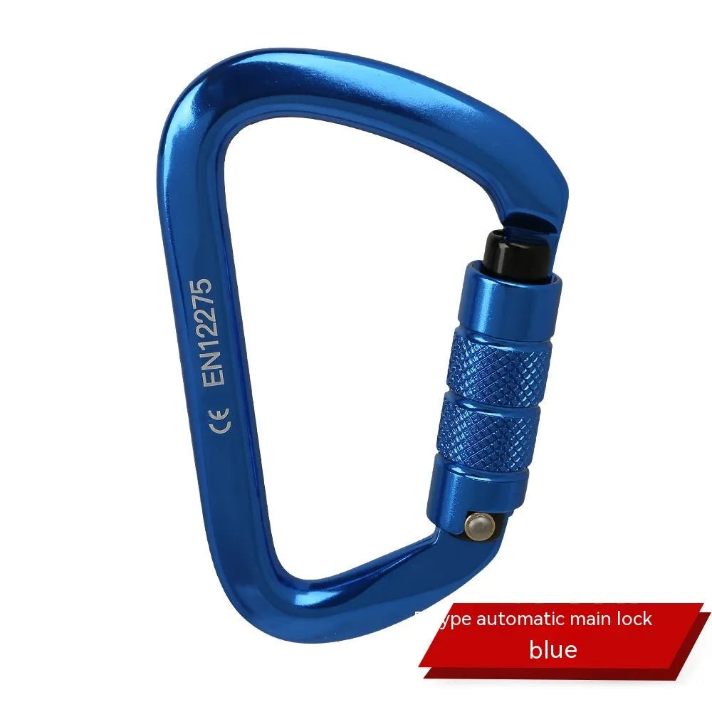 D-shaped rock climbing carabiner with automatic gate shown in orange, alongside a threaded gate version in black.