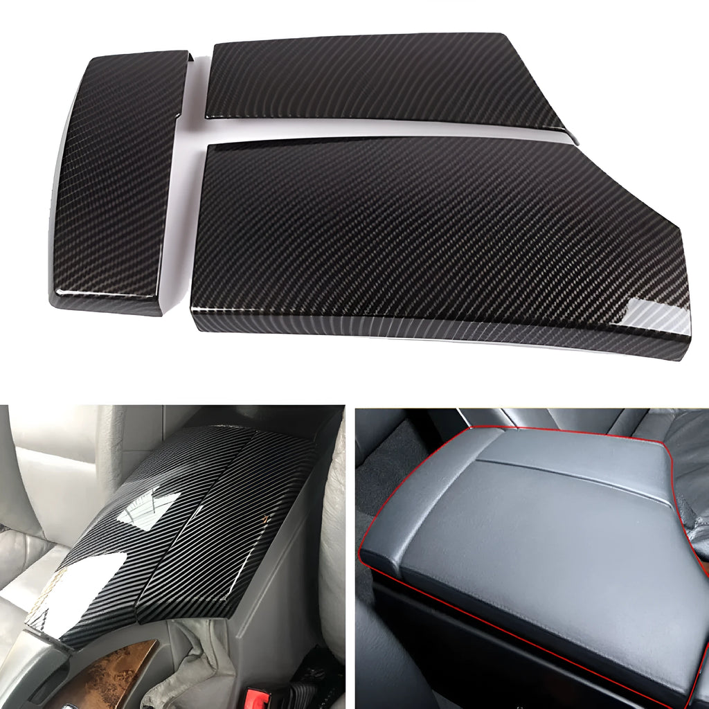 Three ABS carbon fibre pattern armrest box protective covers for car centre console storage