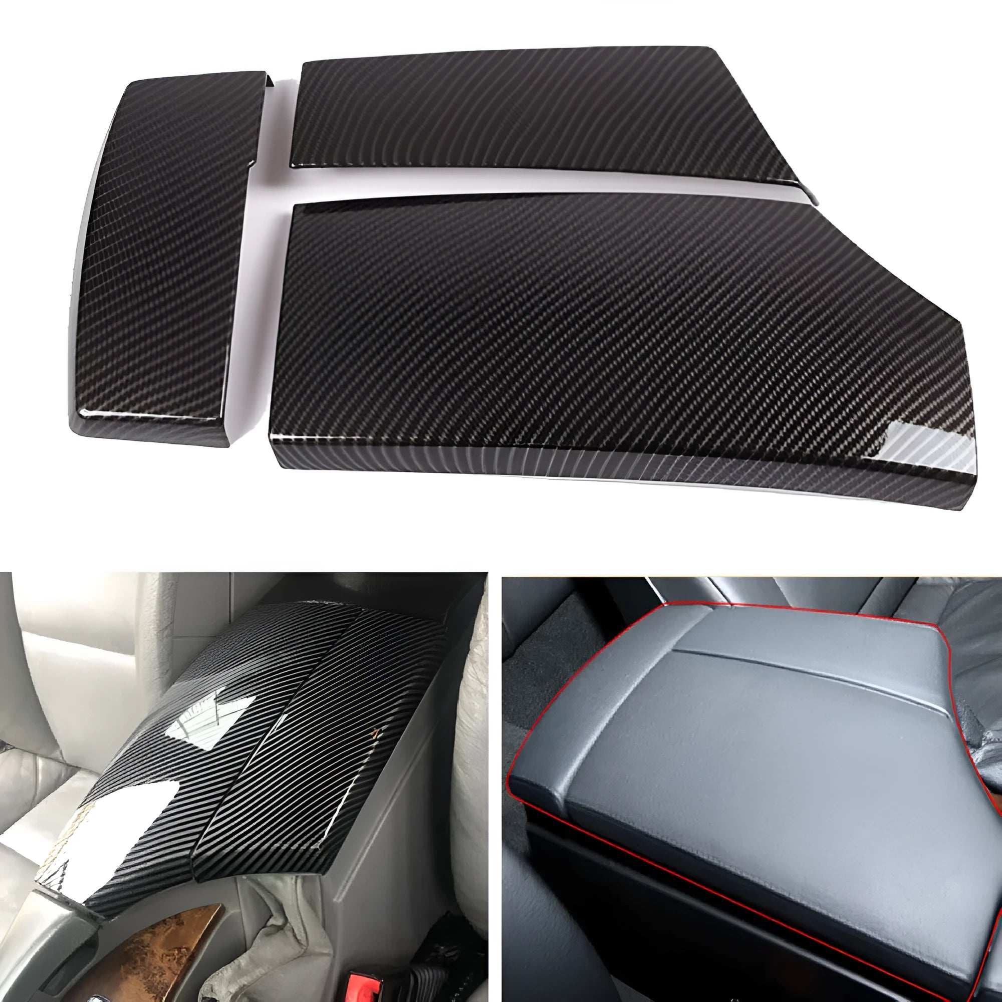 Three ABS carbon fibre pattern armrest box protective covers for car centre console storage