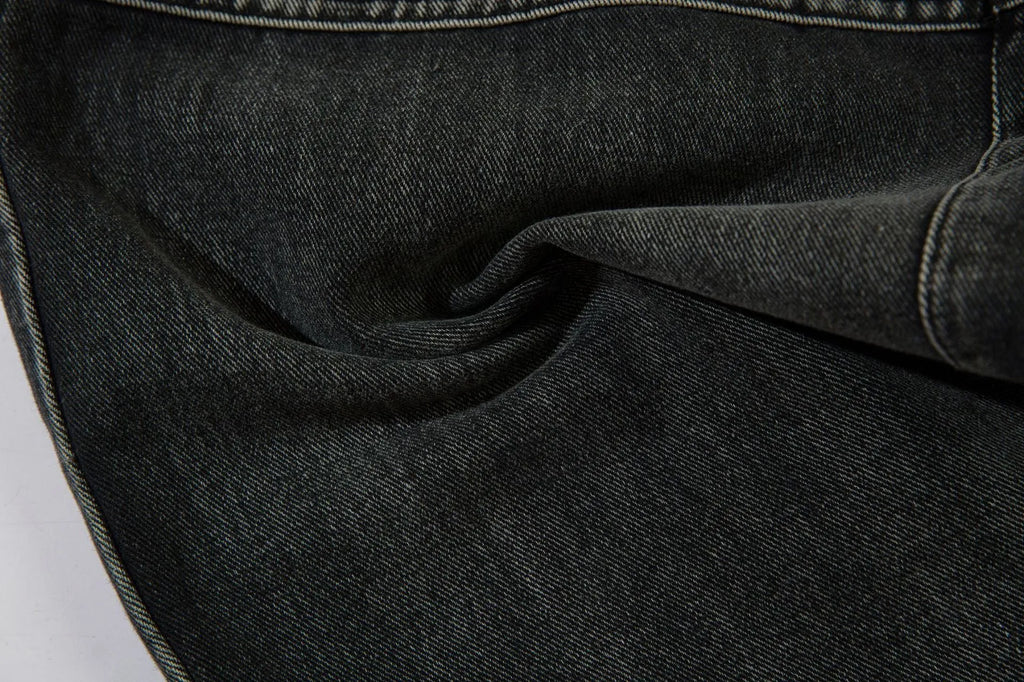 Men's black cotton wide-leg trousers with embroidery detailing and mid waist design