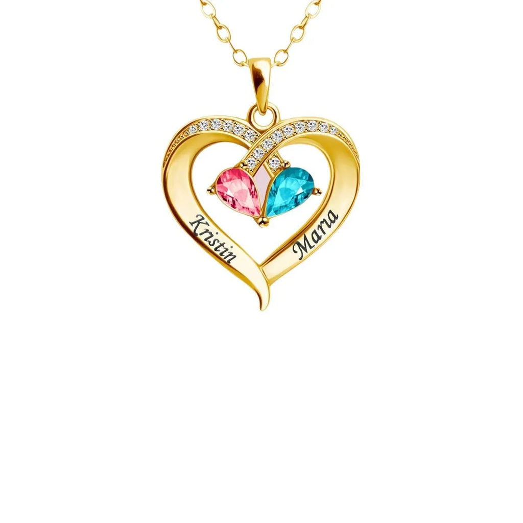 Two-colour water drop heart pendant necklace with birthstones and diamond accents on copper chain