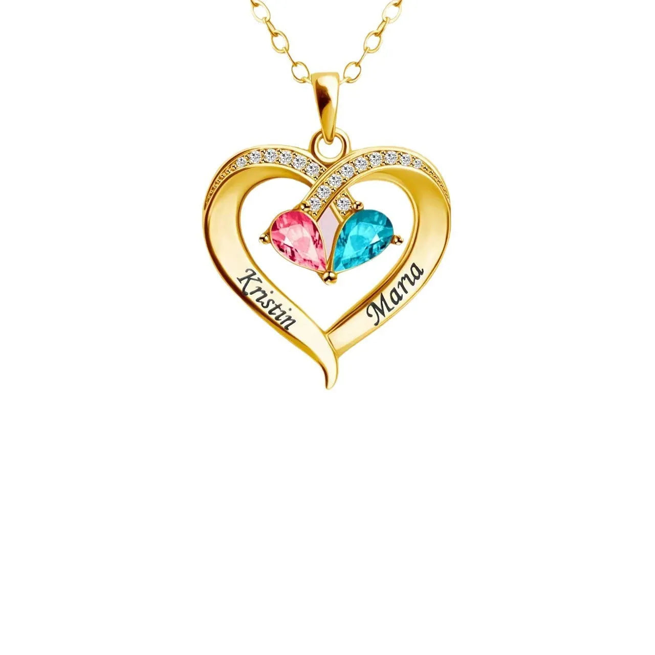 Two-colour water drop heart pendant necklace with birthstones and diamond accents on copper chain