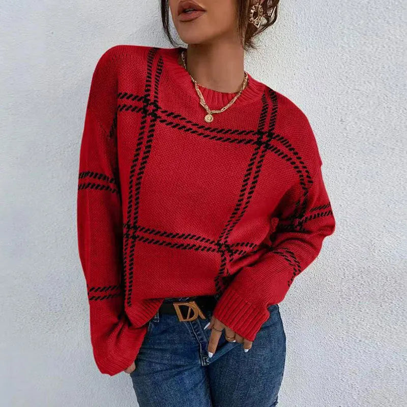 Women's plaid colour-block striped sweater in acrylic with crew neck and loose fit