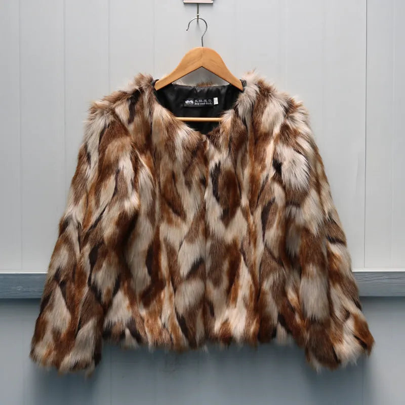 Women's slim-fitting Korean-style faux fur coat in artificial fox fur fabric.