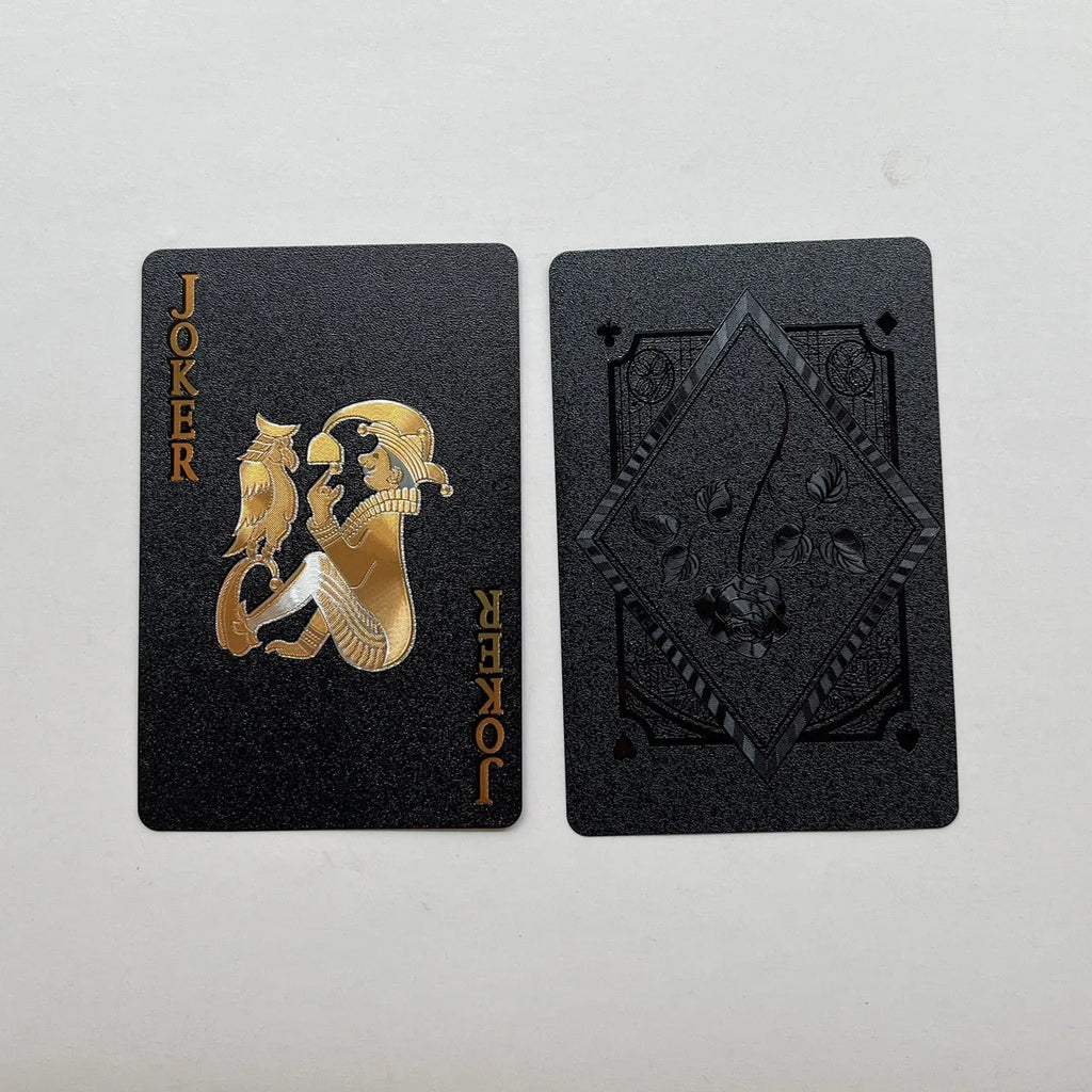 Four gold foil playing cards with rose and gold designs showing Tuhao gold, gold rose, silver rose, and black rose patterns