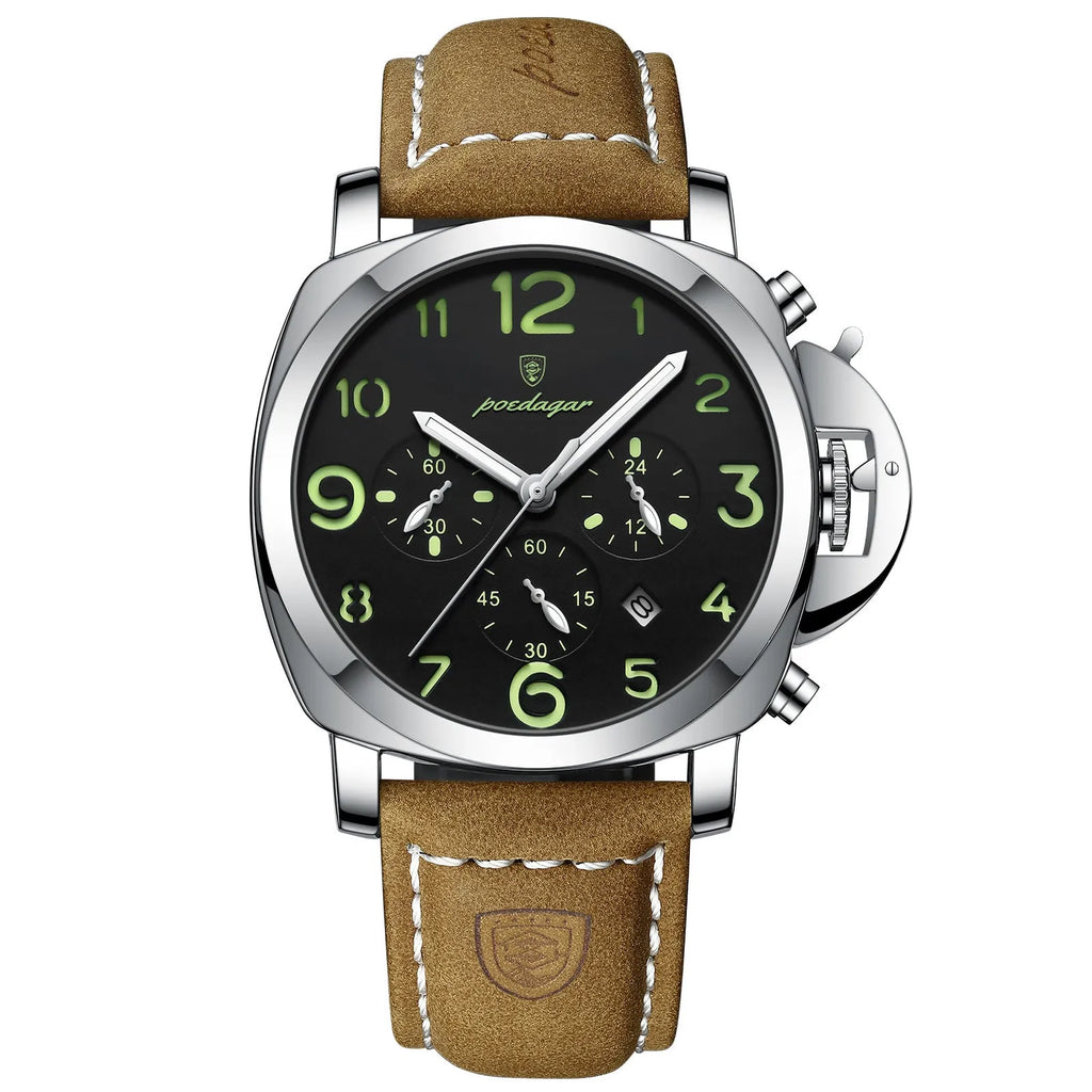 Men's casual sports watch with round alloy case, real leather strap, and mineral glass mirror on wrist