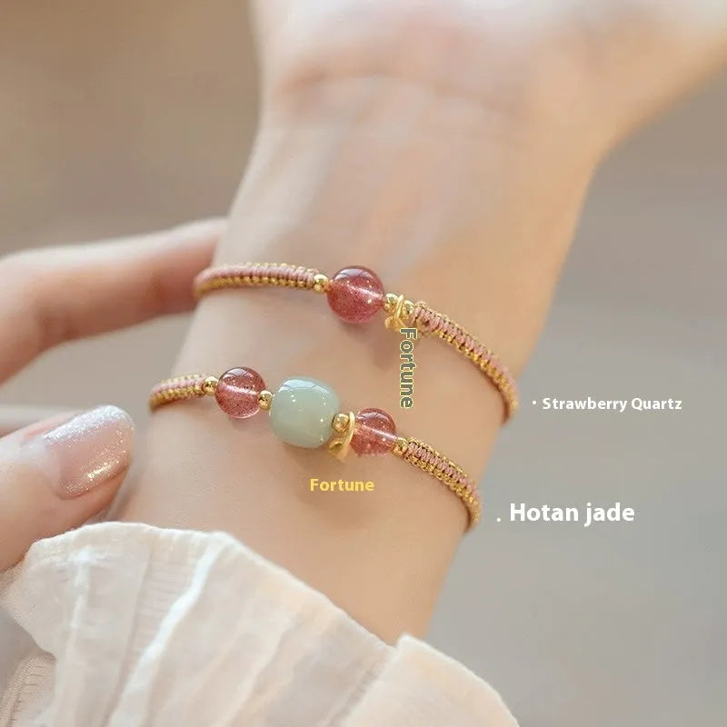 Adjustable red rope bracelet with transfer beads in national tide style