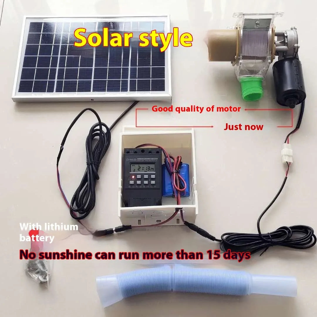 Automatic chicken feeding machine with solar panel and waterproof caisson housing for poultry farms