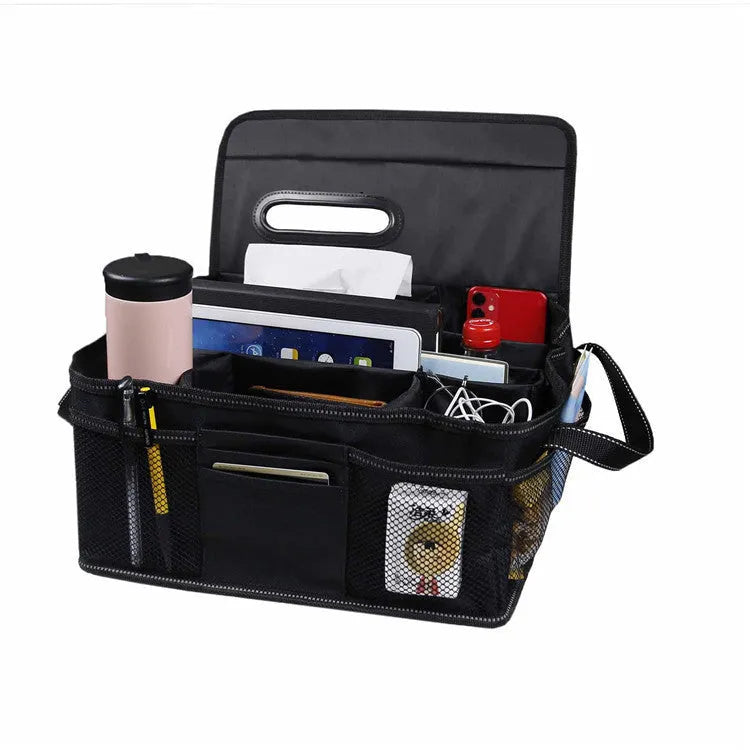Black collapsible Oxford cloth car boot storage box showing dimensions