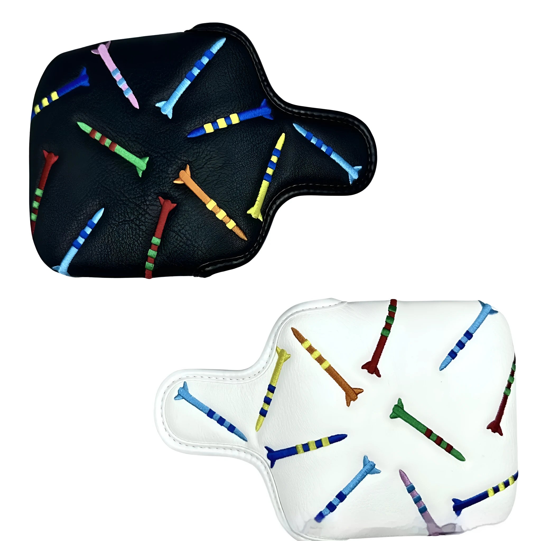 Square black golf putter protective sleeve with a raised white rocket pattern design.