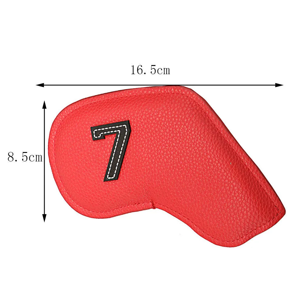 Set of 10 assorted colour PU leather golf club head covers for driver, woods and putter.
