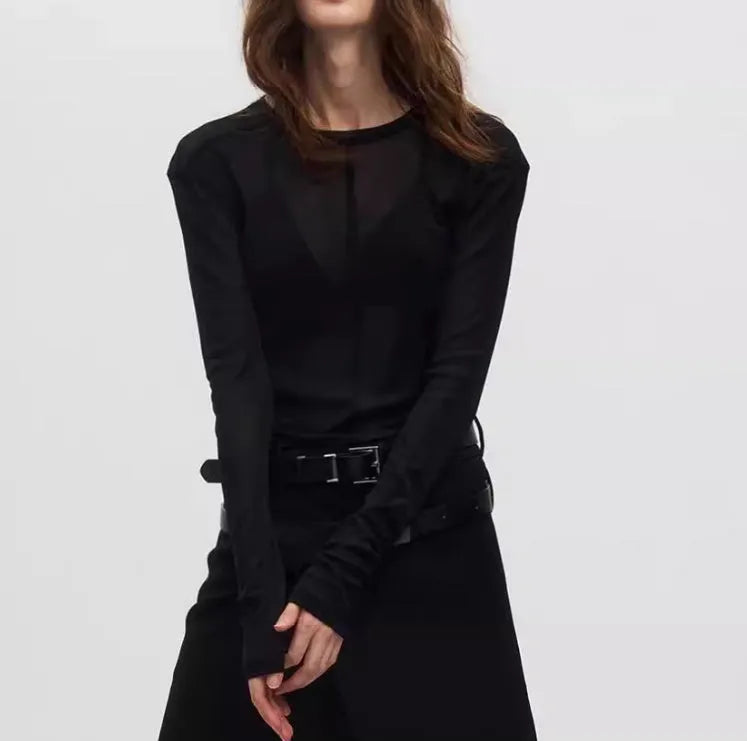 Black mesh see-through slim-fit long sleeve pullover on a hanger.