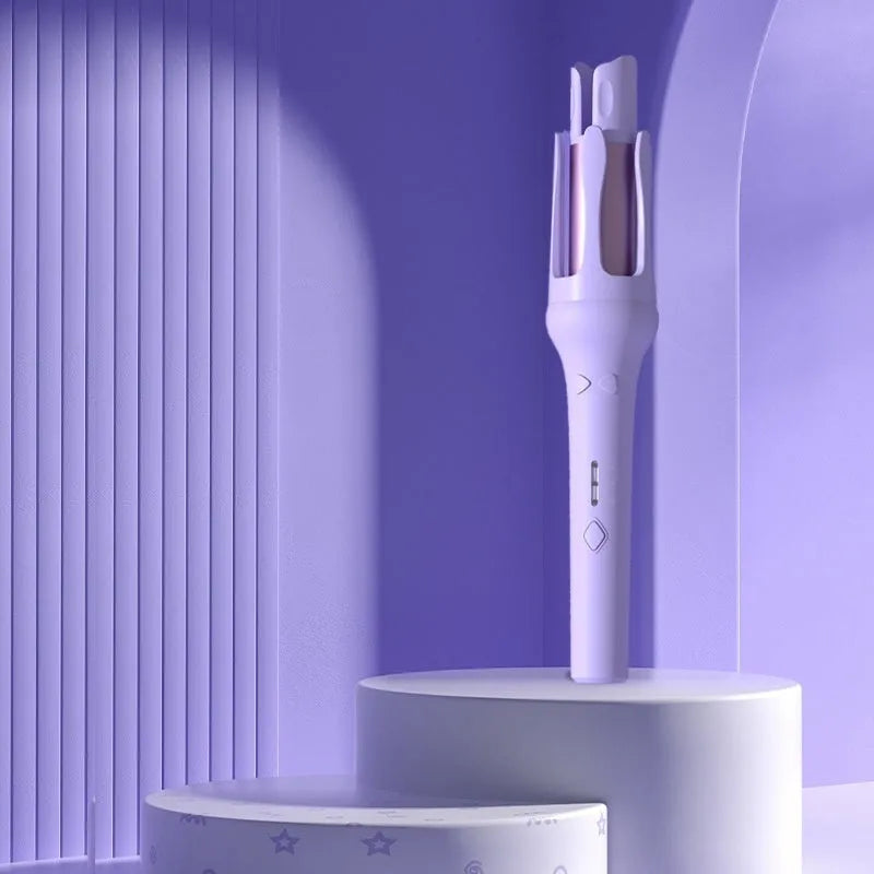 White and pink automatic hair curler with a rotating 32mm ceramic barrel and digital temperature display.