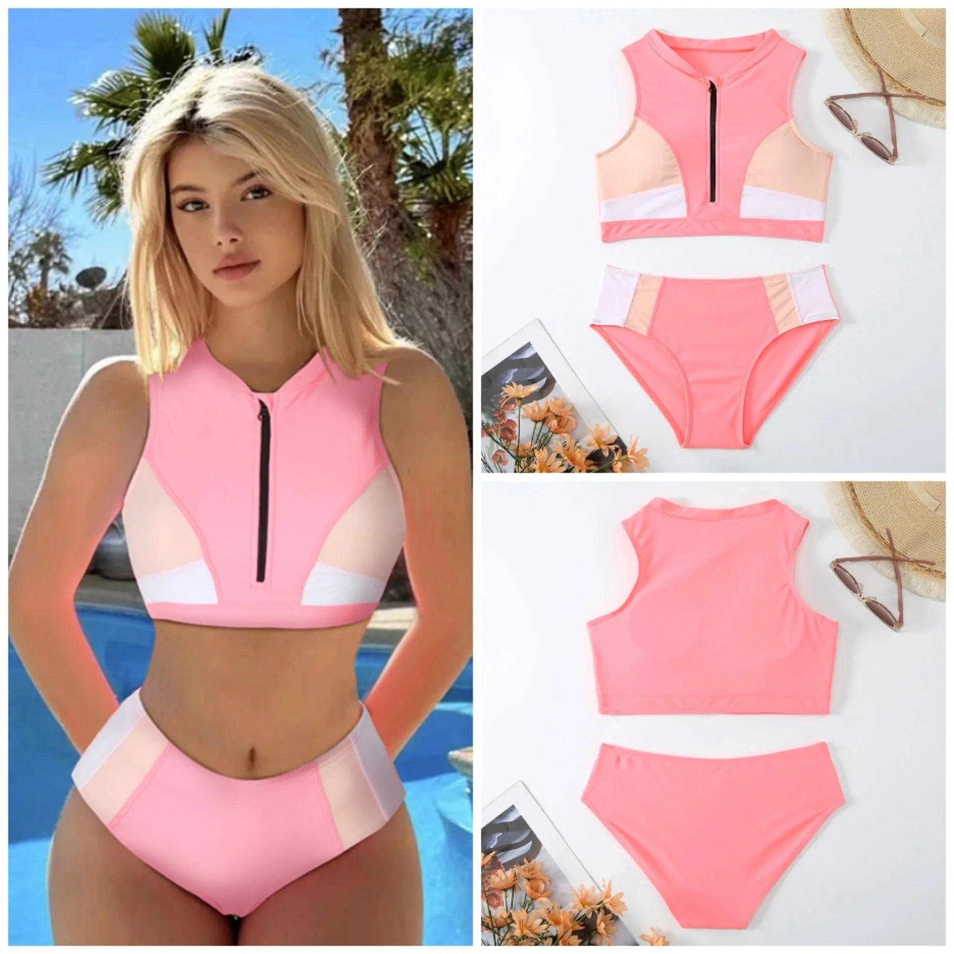 Pink high waist split bikini swimsuit set on a model, showing the brief style and sleeveless top.