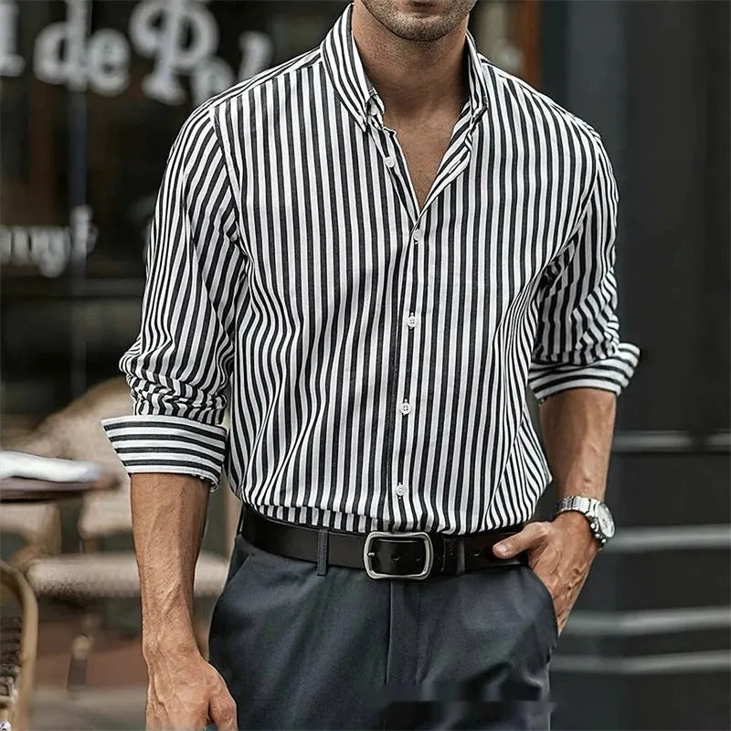 Man modelling a loose-fit khaki striped long sleeve casual button shirt.