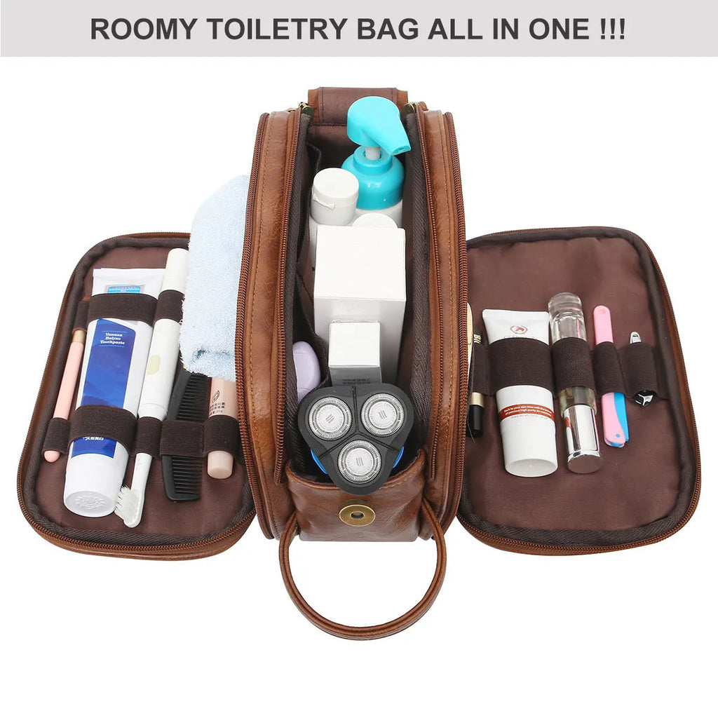 Black solid colour PU men's toiletry bag with zipper closure