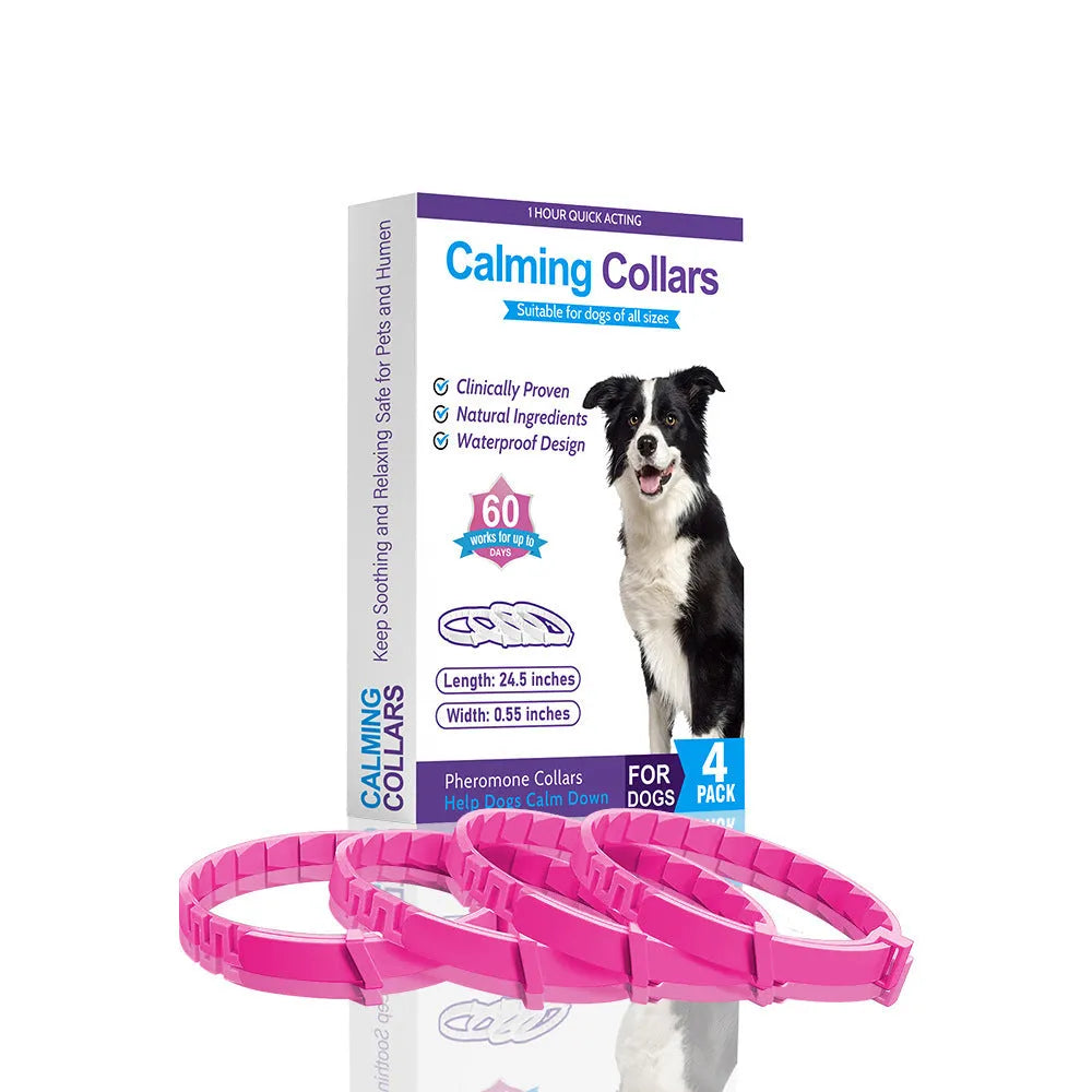 Four-pack of monochrome patterned dog anxiety relief collars in assorted colours on a white background.