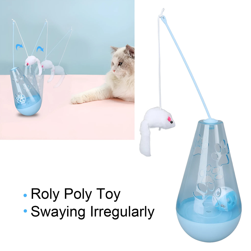 Blue and yellow cat toy with bell ball and treat dispenser plus plush mouse wand on white background